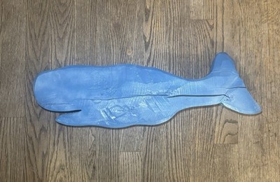 Folk Hand Carved Wooden Whale Wall Hanging Plaque Nautical Decor Blue Driftwood