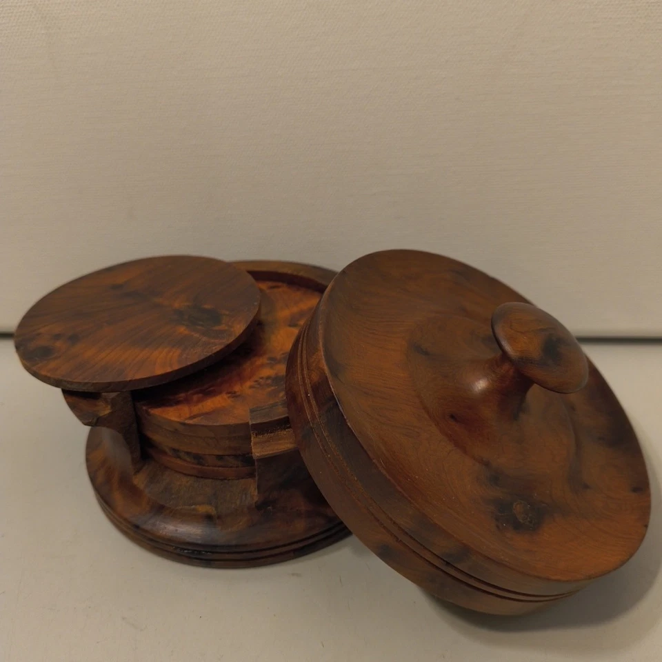Rare Vintage Thuya Wooden Cup Drink Coasters Set Mug Coffee Tea Service - Image 2 of 4