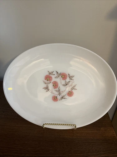 Vintage Fleurette Fire King Milk Glass Oven Ware Oval Serving Platter 12”x 9”