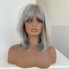 Straight Heat Resistant Synthetic Hair Natural Costume Wigs With Fringe Grey