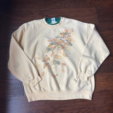 Vtg 1990s Crewneck Sweatshirt Large Cream Floral Bird Nature Grandma Core 90s L