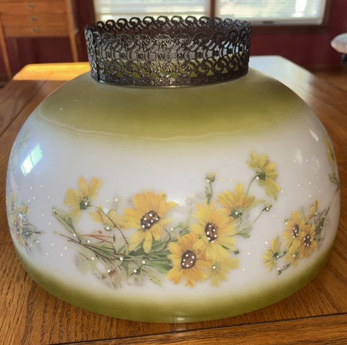 Antique Painted Frosted Grn Milk Glass Hanging Library Oil Lamp Shade 14" Fitter