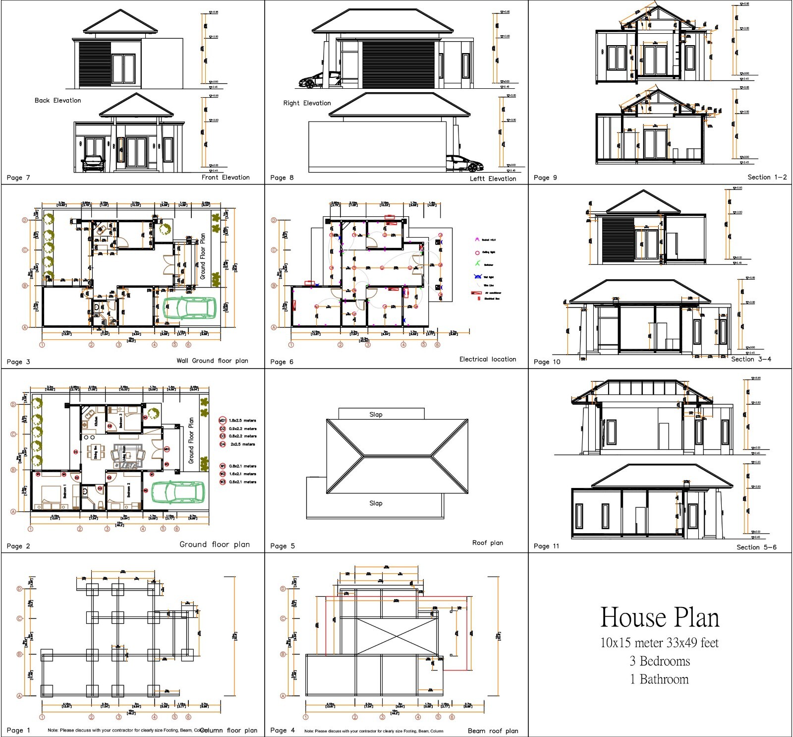 30x50 Feet House Design Plans 9x15 Meters 3 Beds 1 Bath Hip (A4 Hard ...