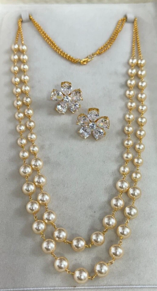 Conjunto de collar con pendientes de perlas Mala de 2 capas Swarovski de oro de Bollywood indio Foto 2 de 4