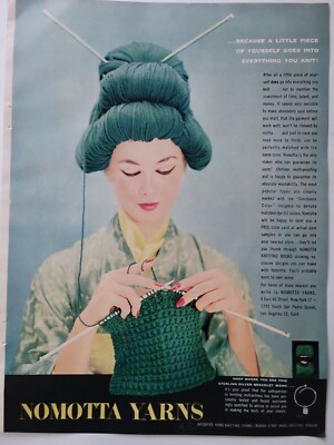 1954 Nomotta Yarns knitting needles green wig vintage sewing ad