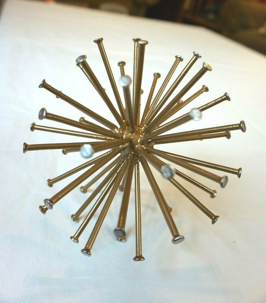 Vintage Metal Nail Sculpture Orb 5 1/2" Gold Tone w Silver Tips Sputnik