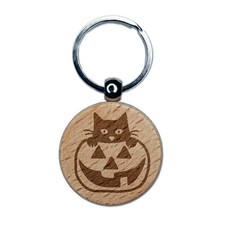 Cat in Pumpkin Halloween Engraved Wood Round Keychain Tag Charm