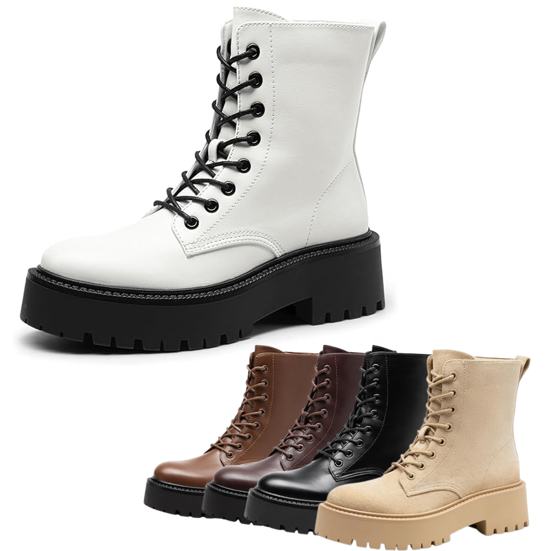 Women Low Chunky Heel Round Toe Side Zipper Combat Ankle Boots
