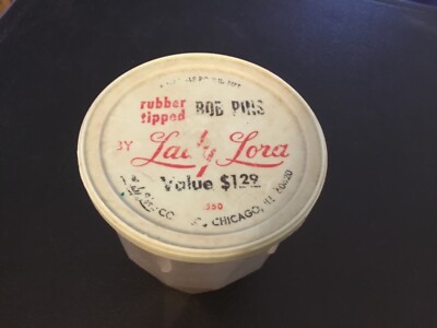 Old Lady Lora Bob Pin Container Full of Bob Pins Etc. 
