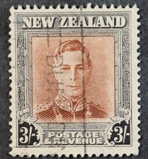 New Zealand Pre-Decimal 1938 King George VI 3/- Grey/Brown Fine Used 
