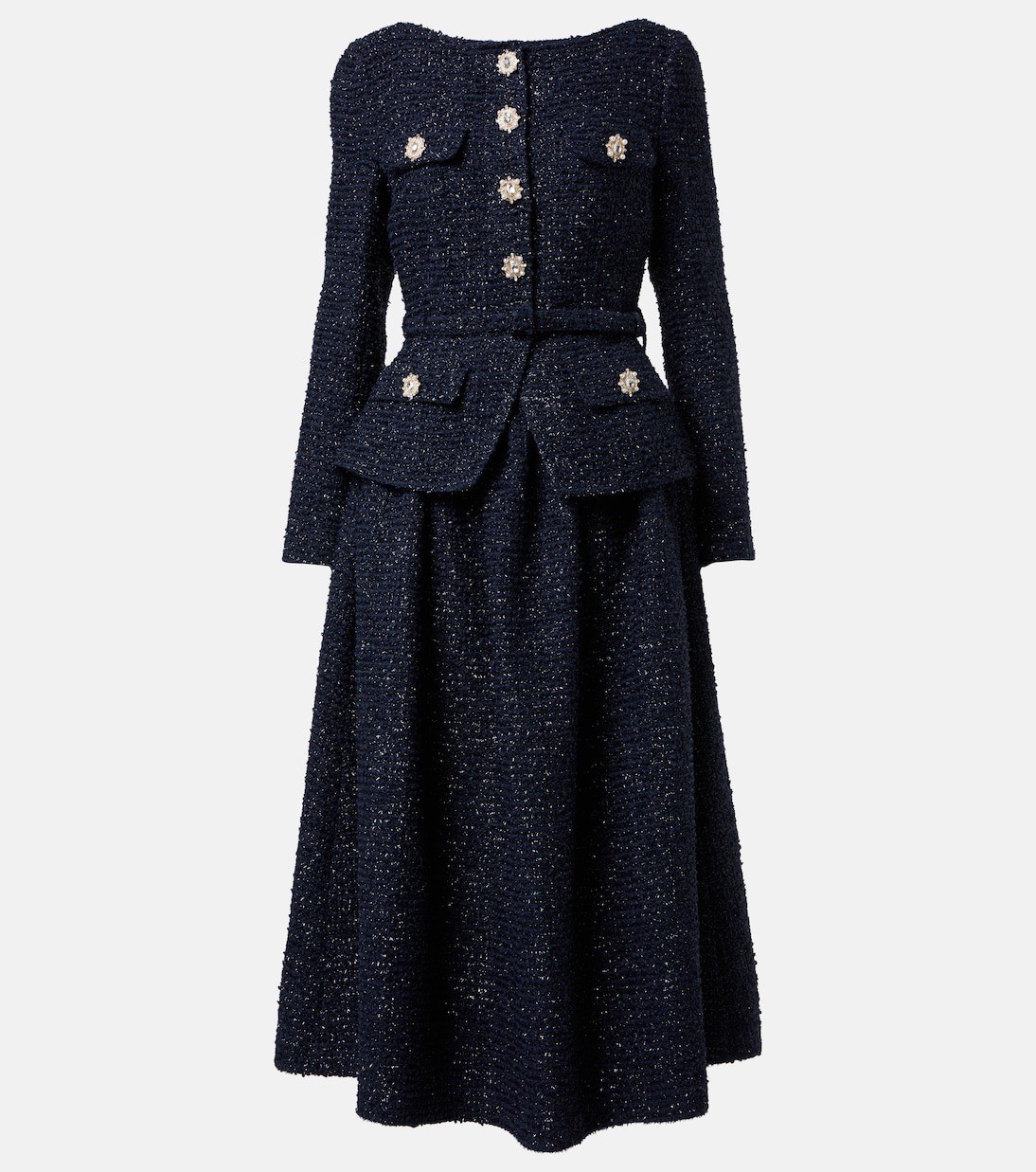 Self-Portrait Navy Metallic Boucle Midi Dress Size UK16