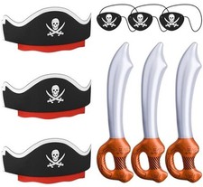 3 Pcs Pirates Hats with 3 Pcs Eye Patches and 3 Swords, 9pcs Pirate Sets