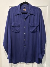 Vintage 40s Blue Gabardine Shirt Rayon Shirt 50s Gabardine Rockabilly Shirt XL