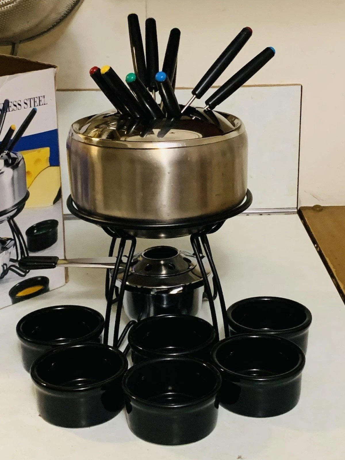 Roshco 16 Piece Brushed Stainless Steel Fondue Set w/ Black Ceramic Ramekins
