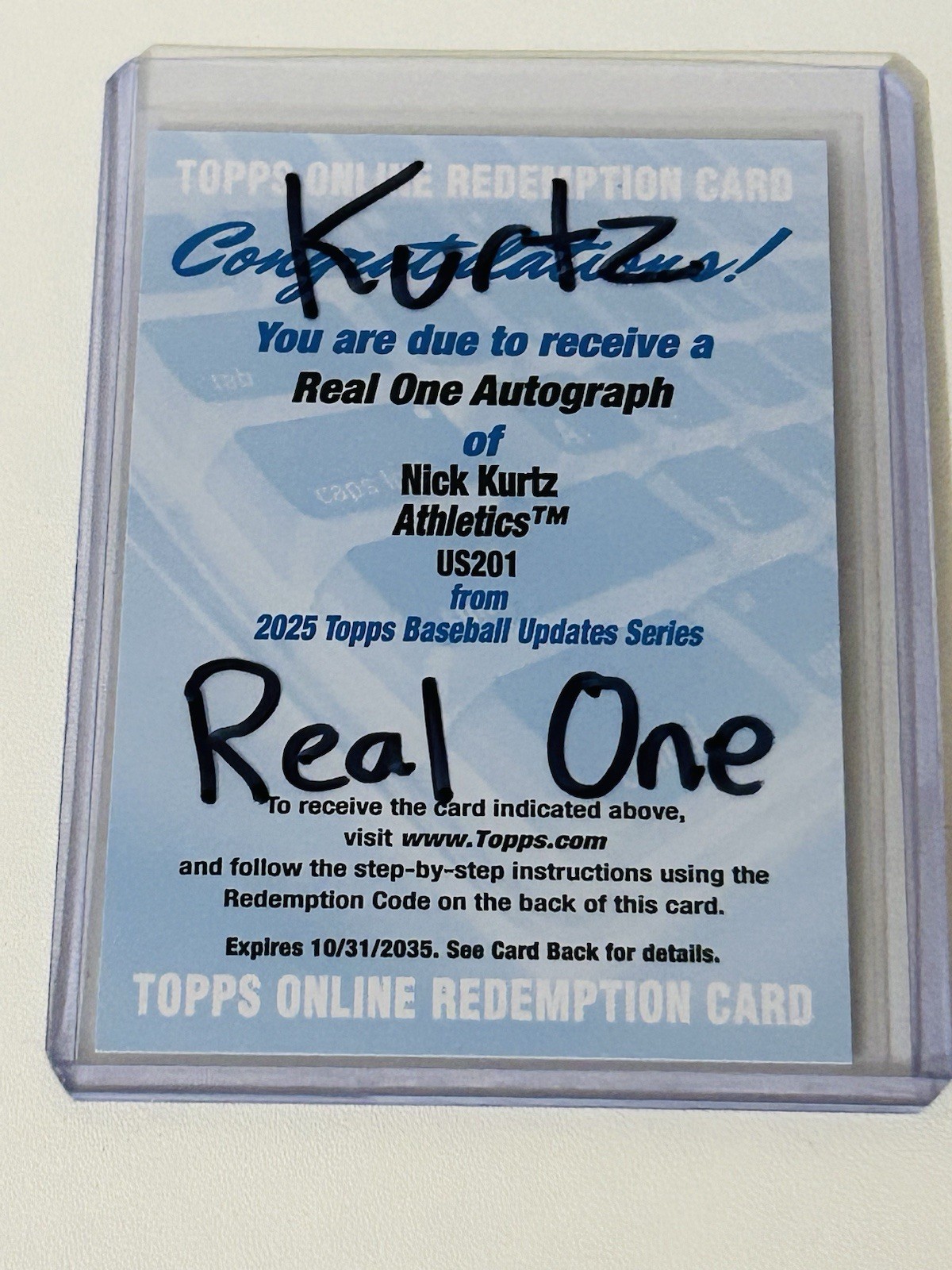 2025 Topps Update Baseball NICK KURTZ RC Rookie REAL ONE AUTO Redemption ROY