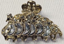Vintage 4" Metal Claw Peacock Style Hair Clip Rhinestones Cabochons Gold Tone