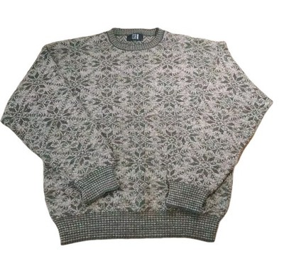 Vtg TSR USA Holiday Sweater Men Large Green Marbled Knit Colorful Ski Snowflakes
