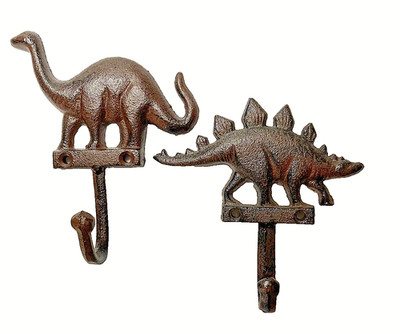 Dino Duo Wall Hook Dinosaur Cast Iron Keys Towel Coat Hanger Rustic Brown #3