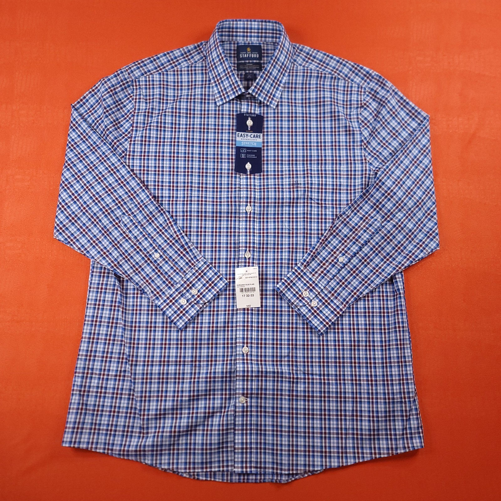 NWT Stafford Men's Travel Fitted Button-Up Shirt Blue Plaid Size 17-32/33