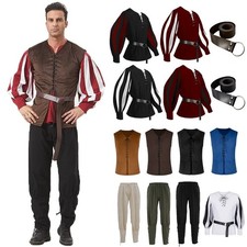 Men Medieval Viking Pirate Costume Vest Shirt Cuffed Pants Accessories Set Tops