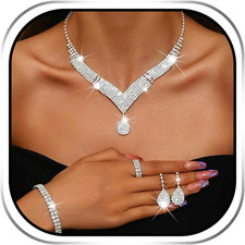 Bridal Wedding Jewelry Set Silver Rhinestone Prom Necklace Earring