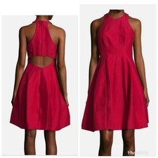 Halston Heritage Red Fit & Flare Halter Dress Open Back Silk Cotton Sz 2 Formal