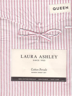 Laura Ashley Queen Sheet Set Jaynie Ticking Stripe Red 4pc Cottage Farmhouse