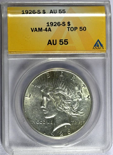1926-S ANACS AU55 Top 50 VAM-4A Dot Variety Peace Silver Dollar
