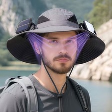 Solar USB Powered Fan Wide Brim Outdoor Fishing Hiking Hat Sun Protection 2 Fans