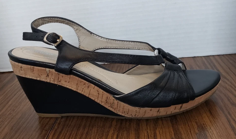 Zapatos de cuña Andrew Geller sin cordones de cuero negro y corcho con tiras para mujer talla 6,5 Foto 4 de 4