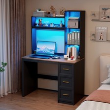 40" Gaming Desk with Hutch Drawers Power Outlets LED Light Storage Bedroom Study