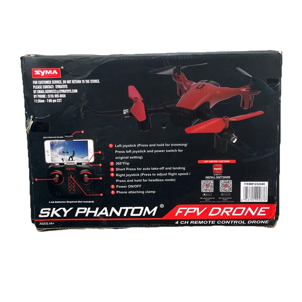 Syma Sky Phantom FPV Drone 4 CH Remote Control Drone Red/Black, Ages 14+, {108}. - Image 2 of 4