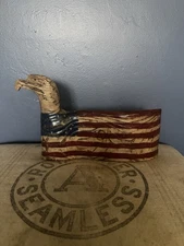 Vintage Hand Carved Wood Bald Eagle Pair with American Flag 11” X 8”