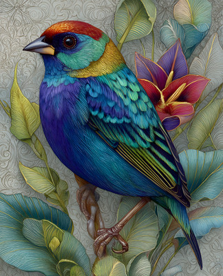 8x10 Cozy Storybook Bird Sitting on Branch with Leaves Art Print - 351685867