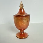 VTG Marigold Carnival Glass Jeanette Candy Dish w/ Lid Crackle Pattern MCM 7.5”