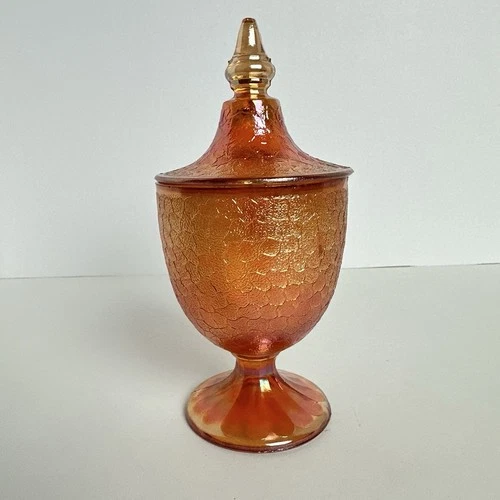 VTG Marigold Carnival Glass Jeanette Candy Dish w/ Lid Crackle Pattern MCM 7.5”