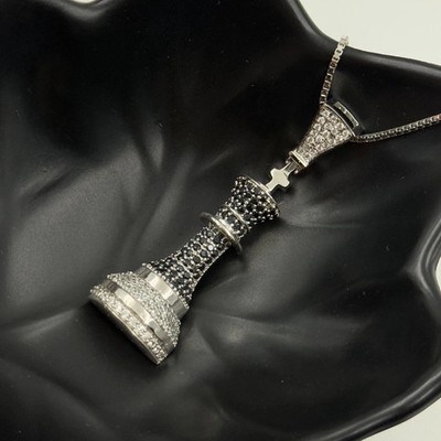 5Ct Round Cut Black Moissanite Men's Chess King Pendant 14K White Gold Plated