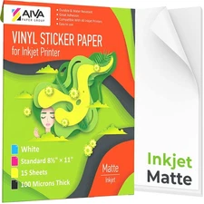 Printable Vinyl Sticker Paper for Inkjet Printer - Matte White - 15 Self-Adhe...