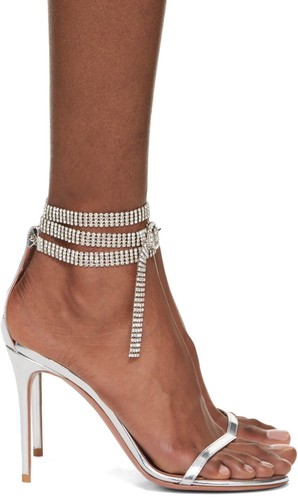 Amina Muaddi Giorgia Silver Leather Crystal Ankle Wrap Sandals Pumps 36 6 $1500 - Picture 4 of 18