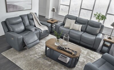 GENUINE Top-Grain Leather Power Recliner & Adjustable Headrest 2PC Sofa Set Gray