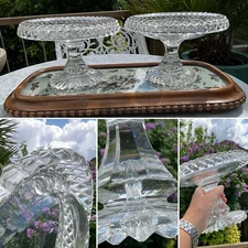 PAIR ANTIQUE CENTREPIECE C1820 TAZZAS DIAMOND CUT ROLLED EDGE ANGLO IRISH GLASS