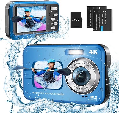 Underwater Camera, Autofocus 4K 48MP, 16X Zoom with 64GB Card- Blue