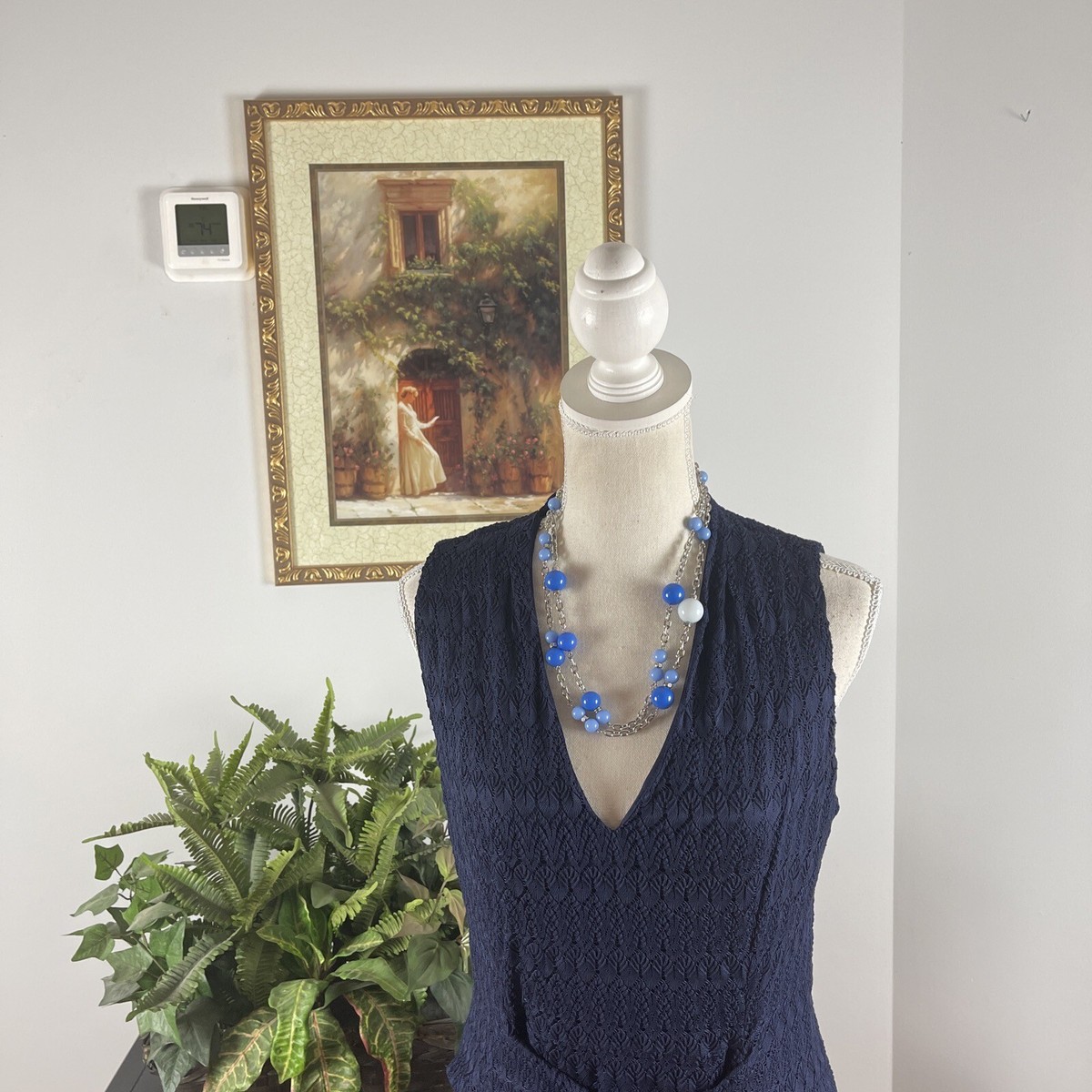 Emma & Michele Lace Dress Waist Tie V-Neck Blue Stretch Womens 12  Sleeveless | eBay