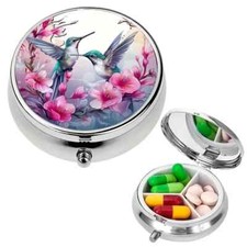 Beautiful Hummingbird Round Pill Box 3 Compartments Mini Decorative Pocket Size