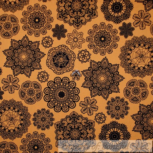 BonEful FABRIC FQ Cotton Quilt VTG Orange Black Gothic Flower Damask Lace Print - Picture 1 of 12