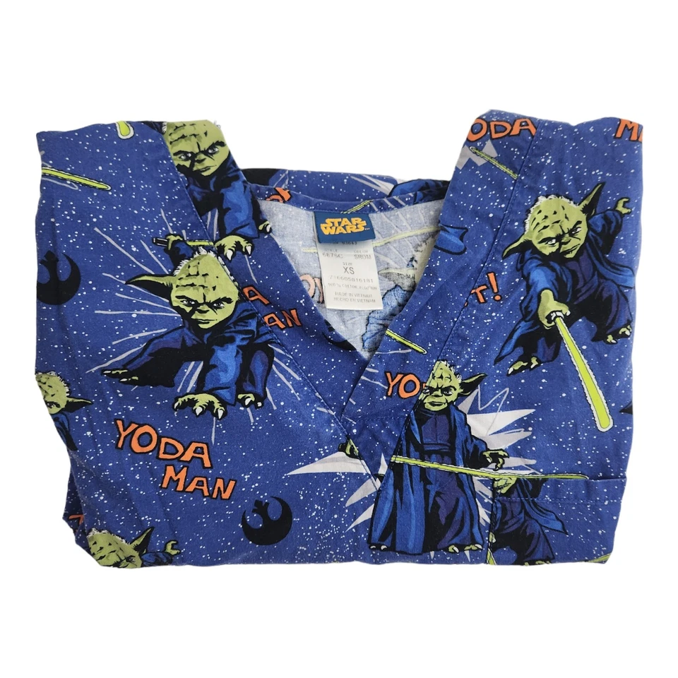 Star Wars Yoda Men's XS Extra Small Scrub Top Yoda Man Best Nursing Medical Blue - Image 2 of 4