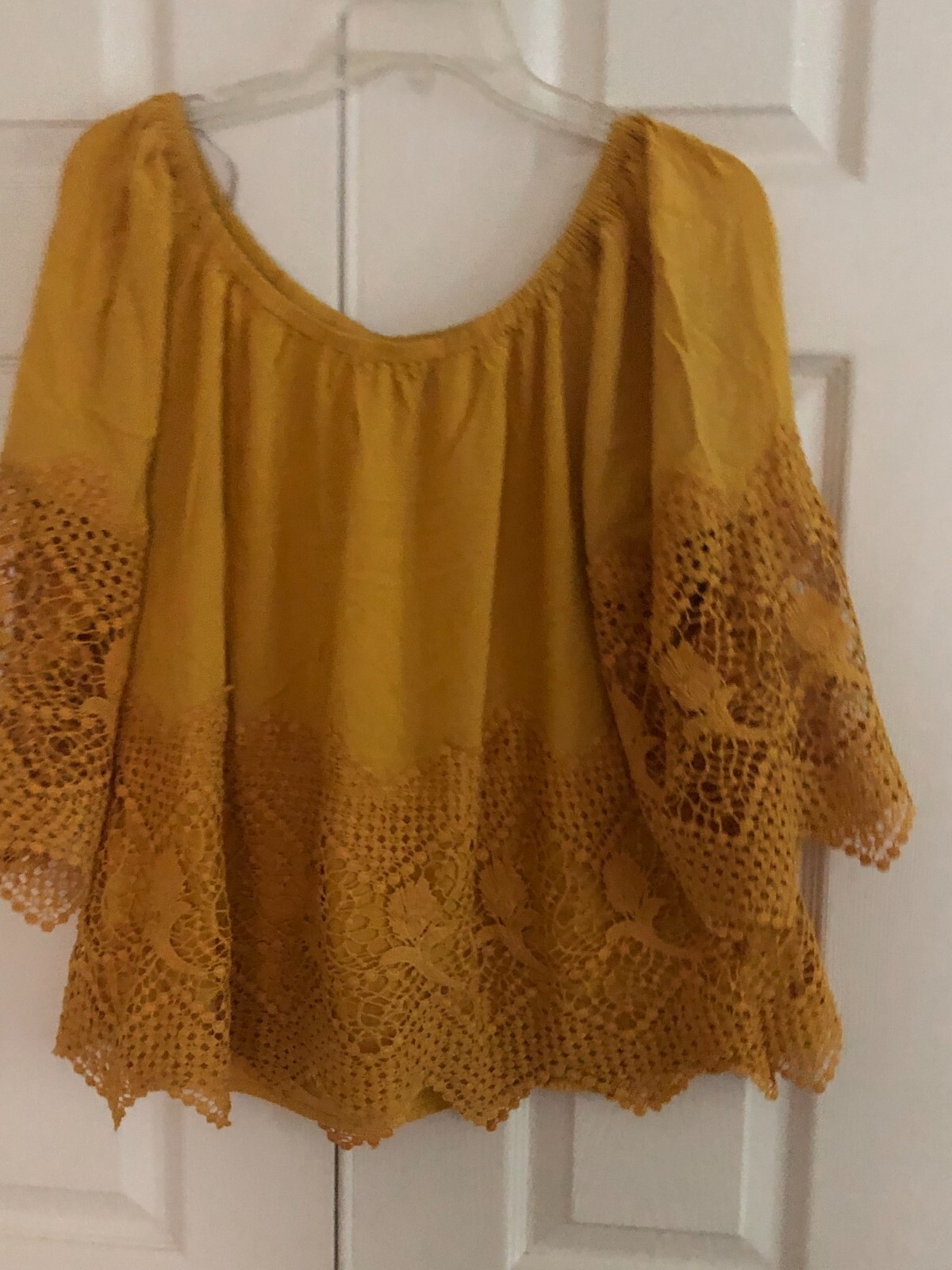 Miss Lili Plus Size 1X Off Shoulder Mustard Yellow Lace Trim Top Blouse Women image 9