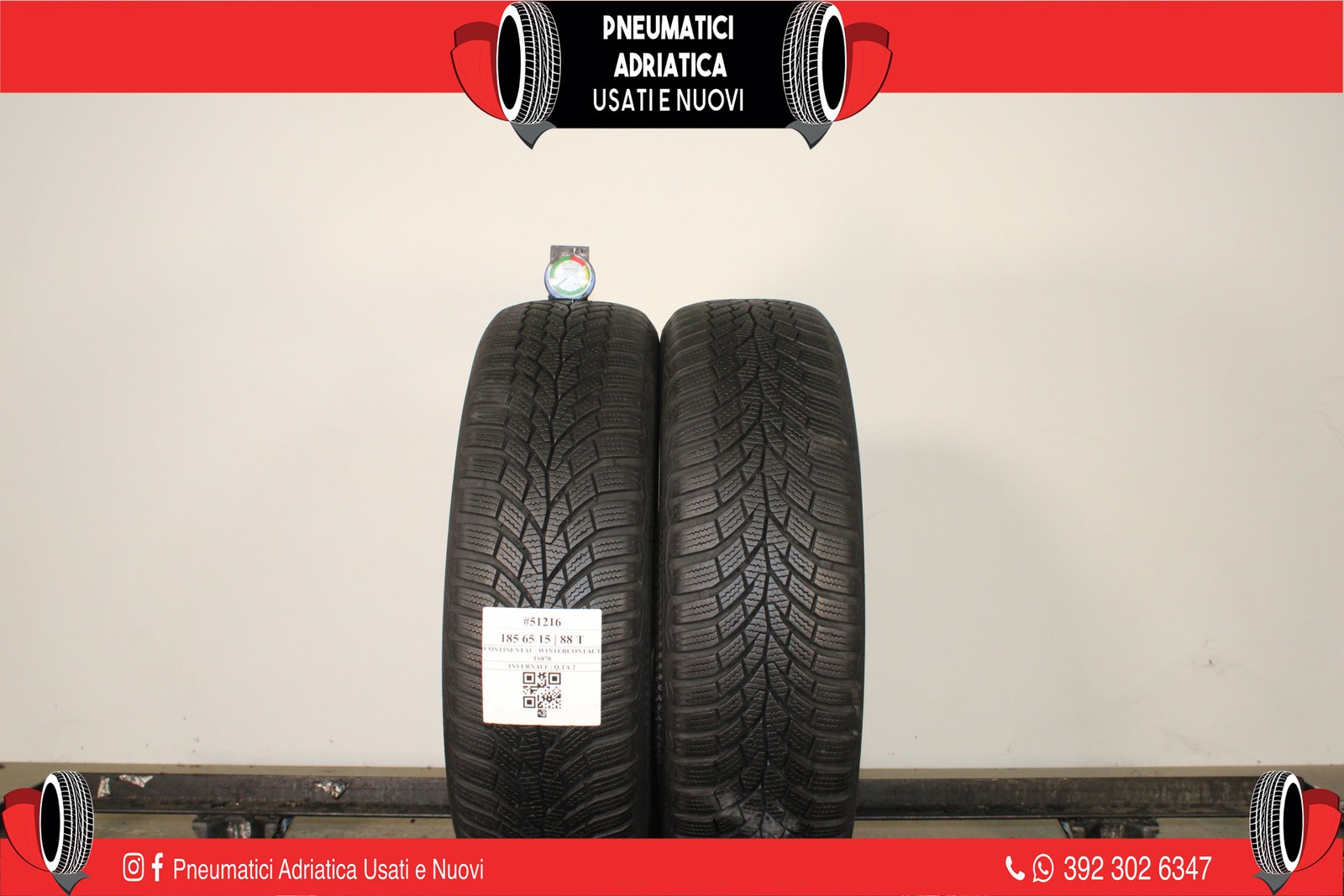 2 PNEUMATICI CONTINENTAL 185/65 R15 INVERNALI GOMME USATE 87% - ADRIATICA