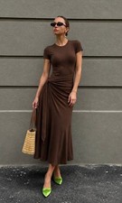 Chic Brown Short Sleeve Midi Dress | Elegant Wrap Front Tie Jersey Dress