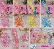 Whale Bubble Key Chain Keyring w/ Strap Glitter Accents Plastic/Metal Orange